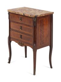 A Louis XV Style Metal Mounted, Tulipwood Veneered Breche d'Alep Marble-Top Commode