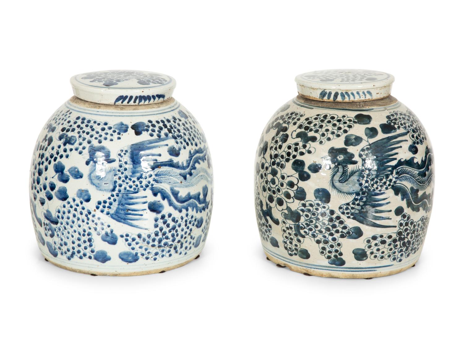 A Pair of Chinese Blue and White Porcelain Covered Jars