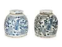 A Pair of Chinese Blue and White Porcelain Covered Jars