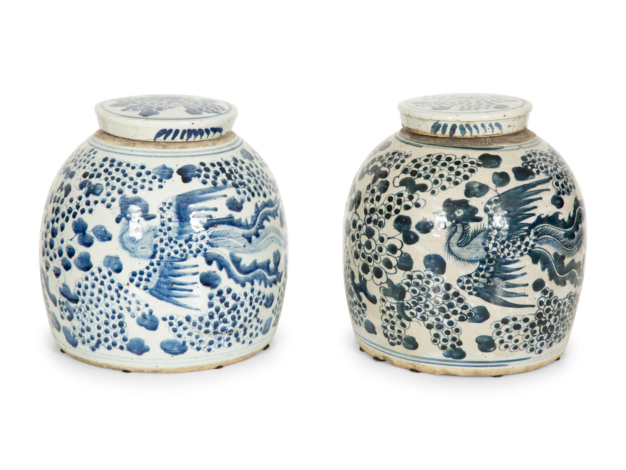 A Pair of Chinese Blue and White Porcelain Covered Jars