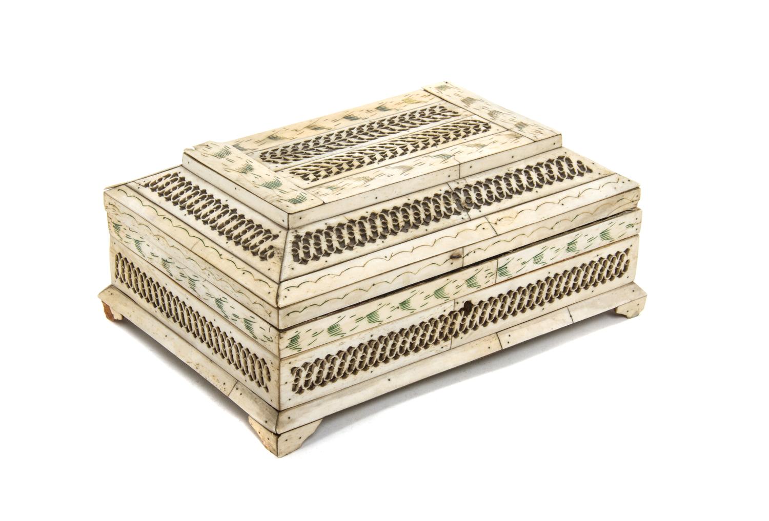 A Russian Bone Veneered Table Casket, Height 4 x width 8 7/8 x depth 6 inches.