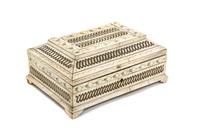A Russian Bone Veneered Table Casket, Height 4 x width 8 7/8 x depth 6 inches.