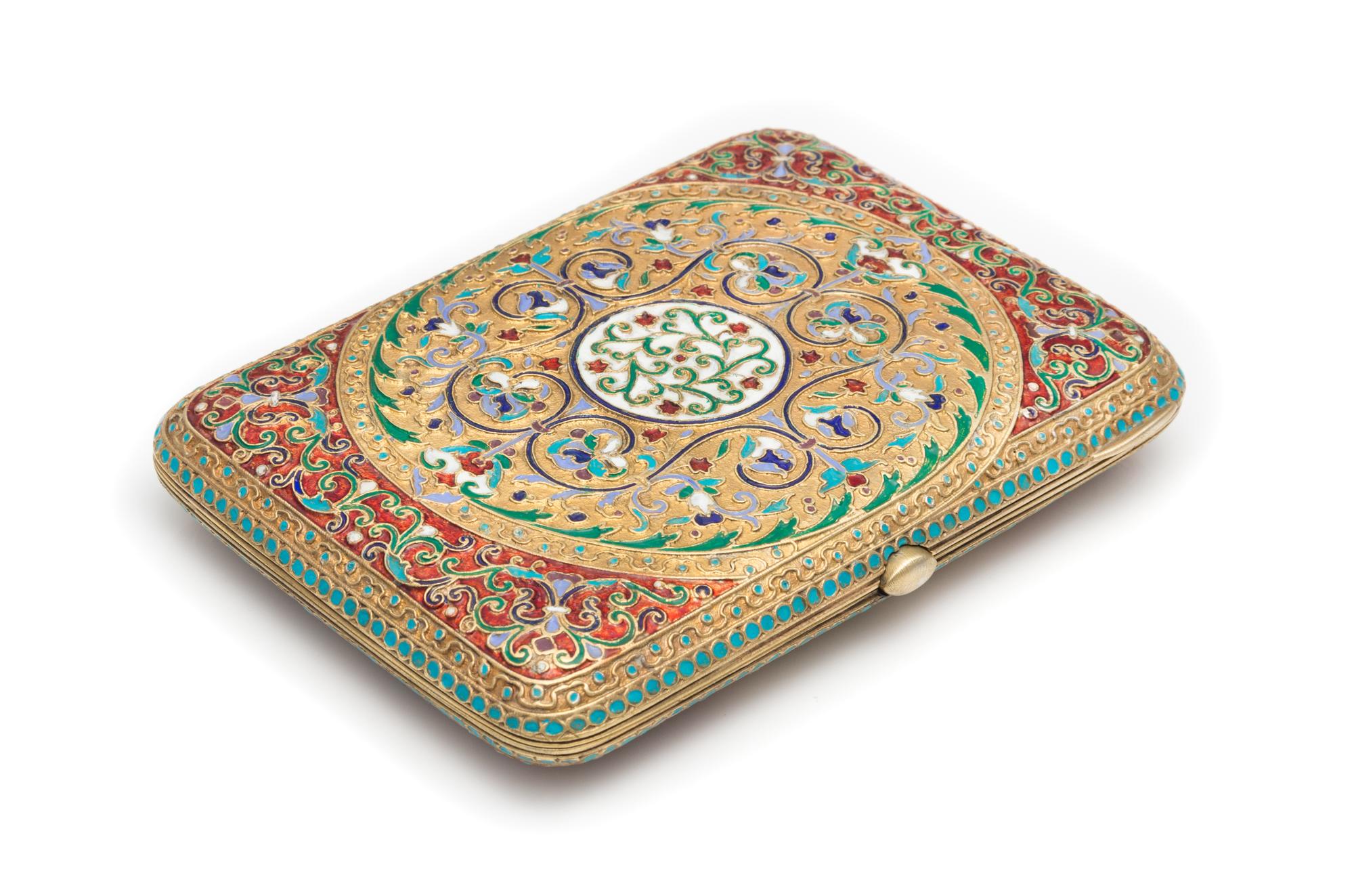 A Russian Silver-Gilt and Enameled Cigarette Case, Mark of Pavel Ovchinnikov with Imperial Warrant, Moscow, Late 19th/Early 20th Centur