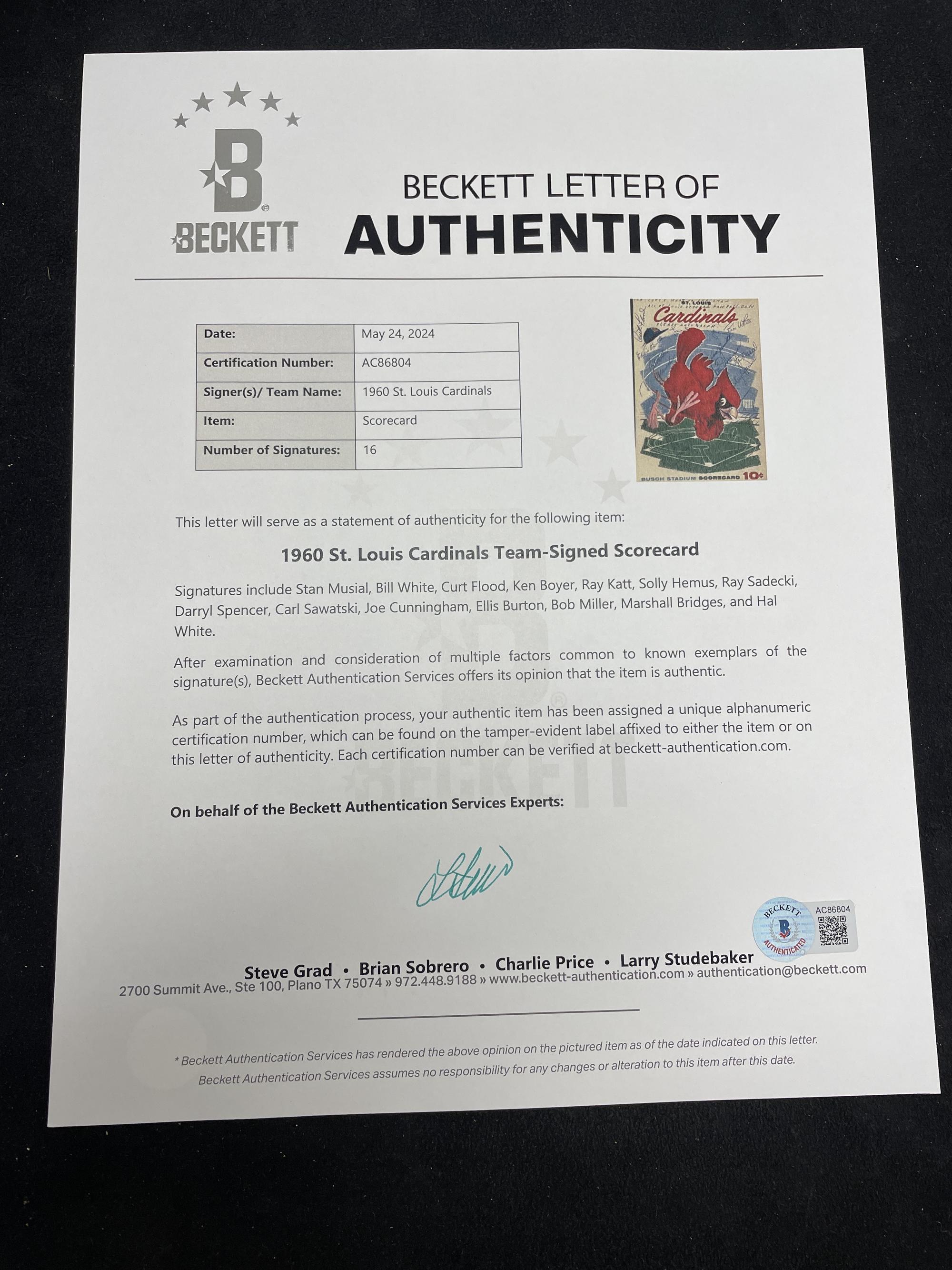 A 1960 St. Louis Cardinals Multi Signed Autograph Program Scorecard Featuring Stan Musial (Beckett Authentication Services)