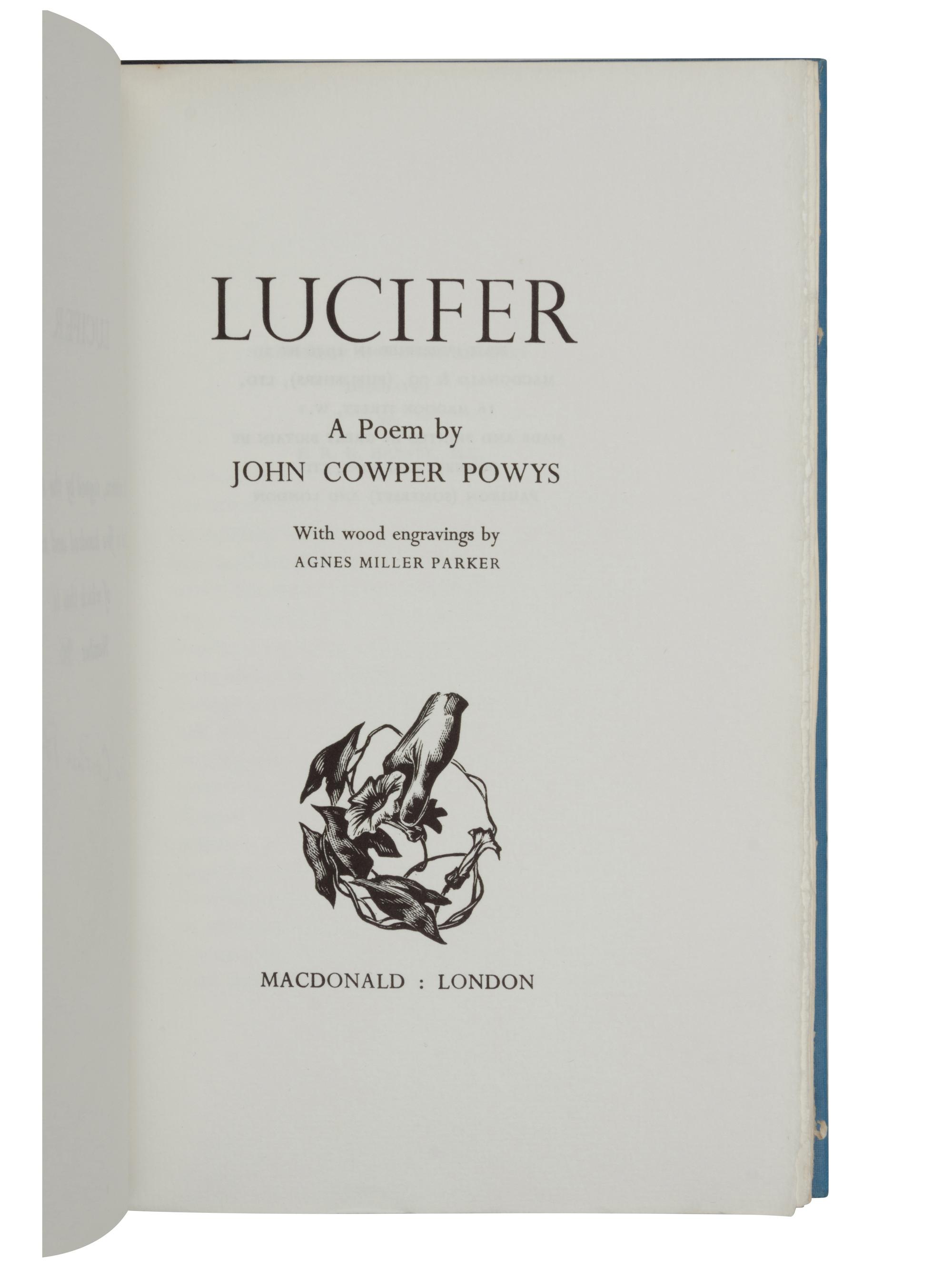 POWYS, John Cowper (1872-1963). Lucifer, a Poem . London: Macdonald, 1956.