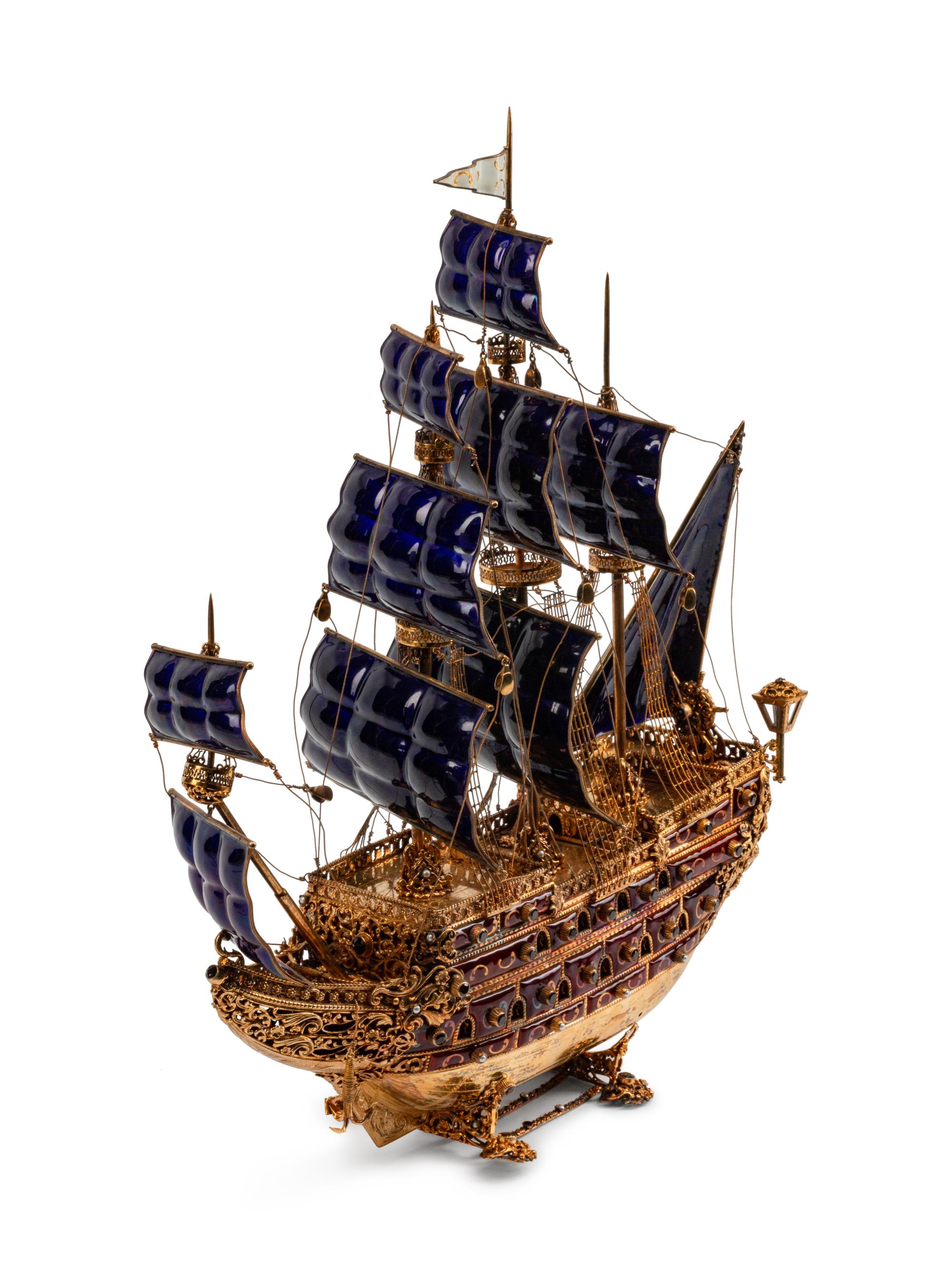 A Continental Jeweled Silvergilt and Enamel Model of a Galleon