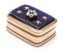 A 14 Karat Rose Gold, Diamond, Hardstone and Enamel Vinaigrette, Apparently Unmarked, the lid centered by a floral element decorated wi