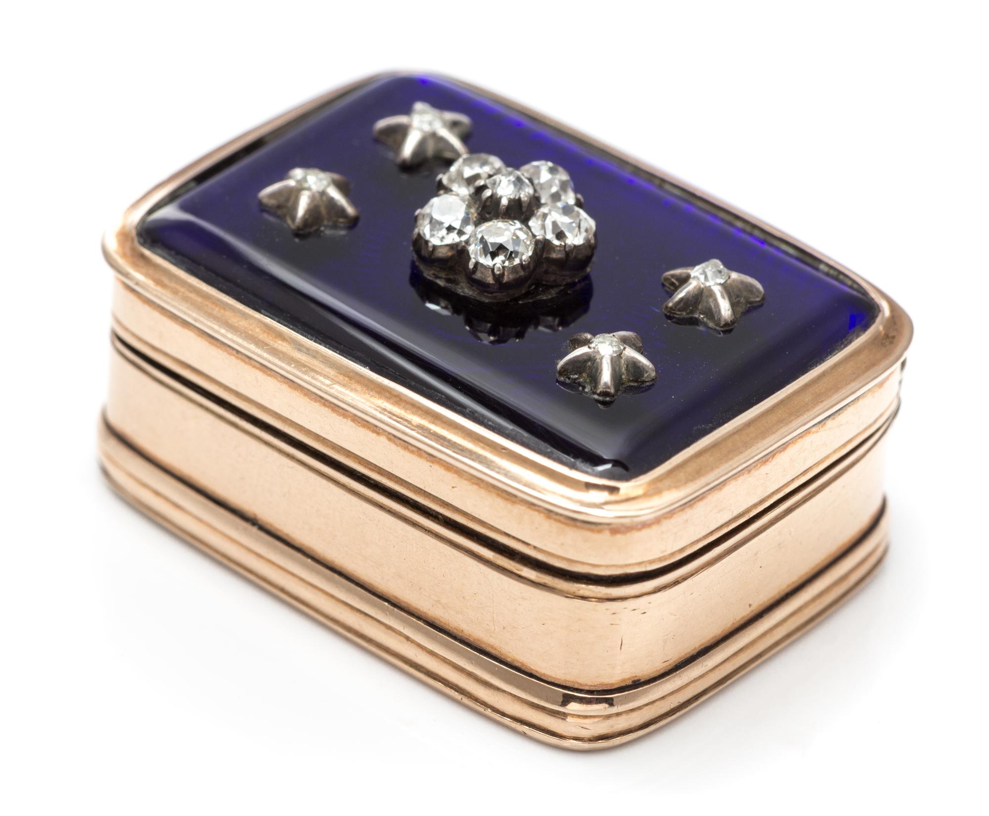 A 14 Karat Rose Gold, Diamond, Hardstone and Enamel Vinaigrette, Apparently Unmarked, the lid centered by a floral element decorated wi