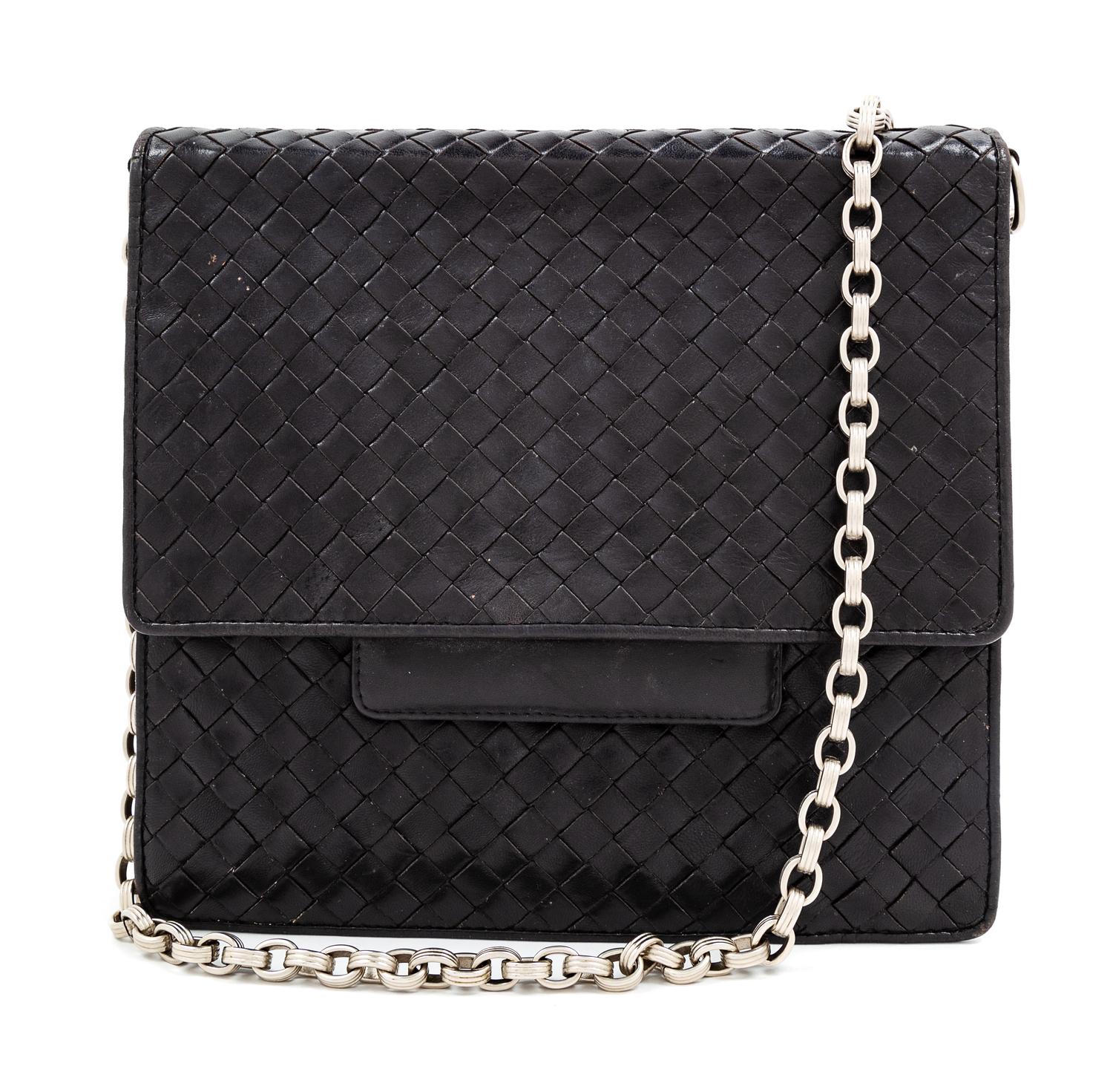 A Bottega Veneta Black Intrecciato Flap Handbag, 8.5" H x 9" W x 2.25" D; Strap drop: 13.5".