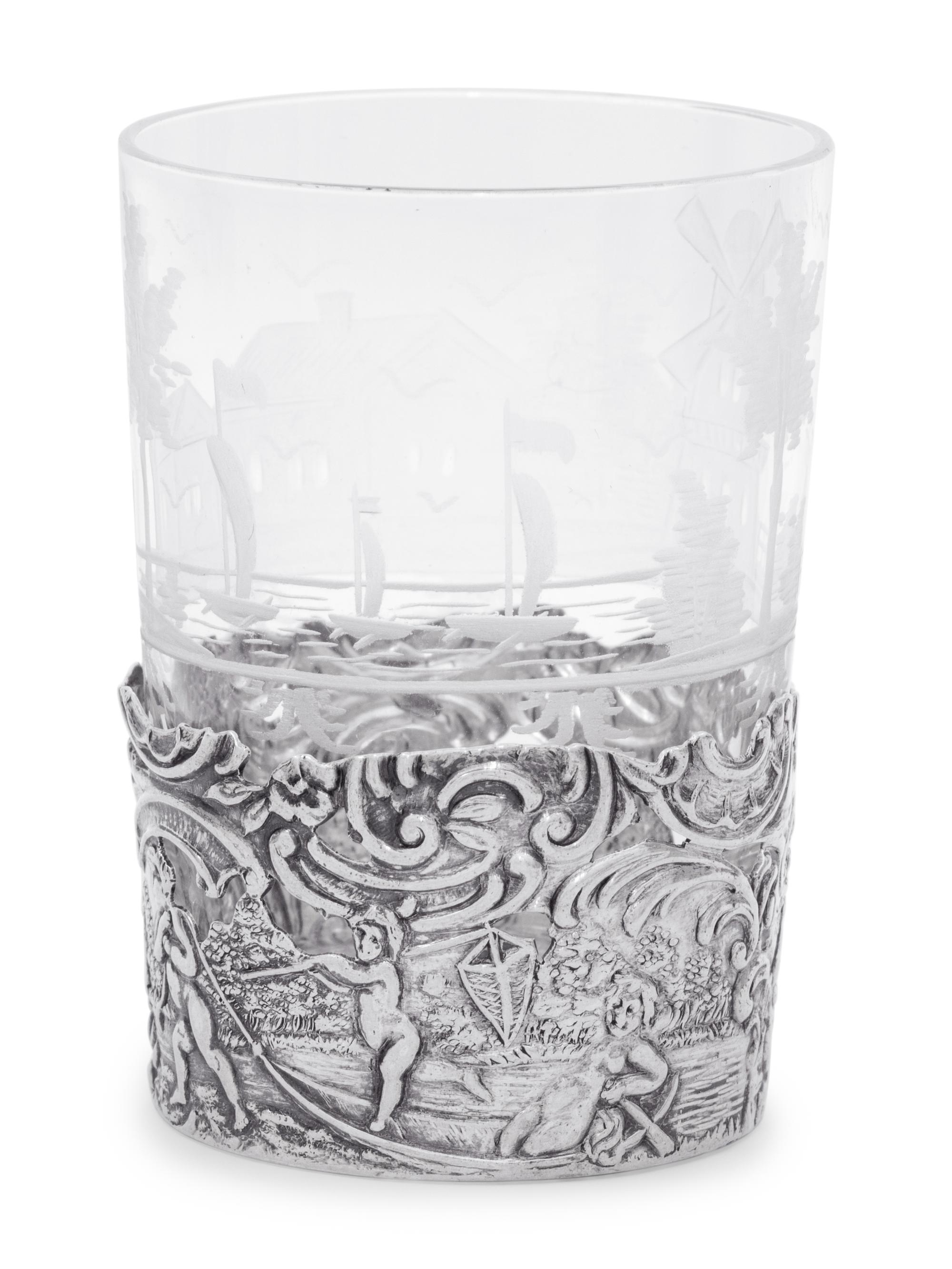A Continental Silver Mounted Etched Glass Drink Service