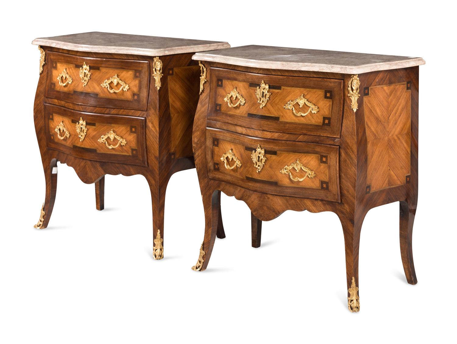A Pair of Louis XV Style Gilt Bronze Mounted Kingwood and Tulipwood Marble-Top Small Commodes