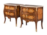 A Pair of Louis XV Style Gilt Bronze Mounted Kingwood and Tulipwood Marble-Top Small Commodes