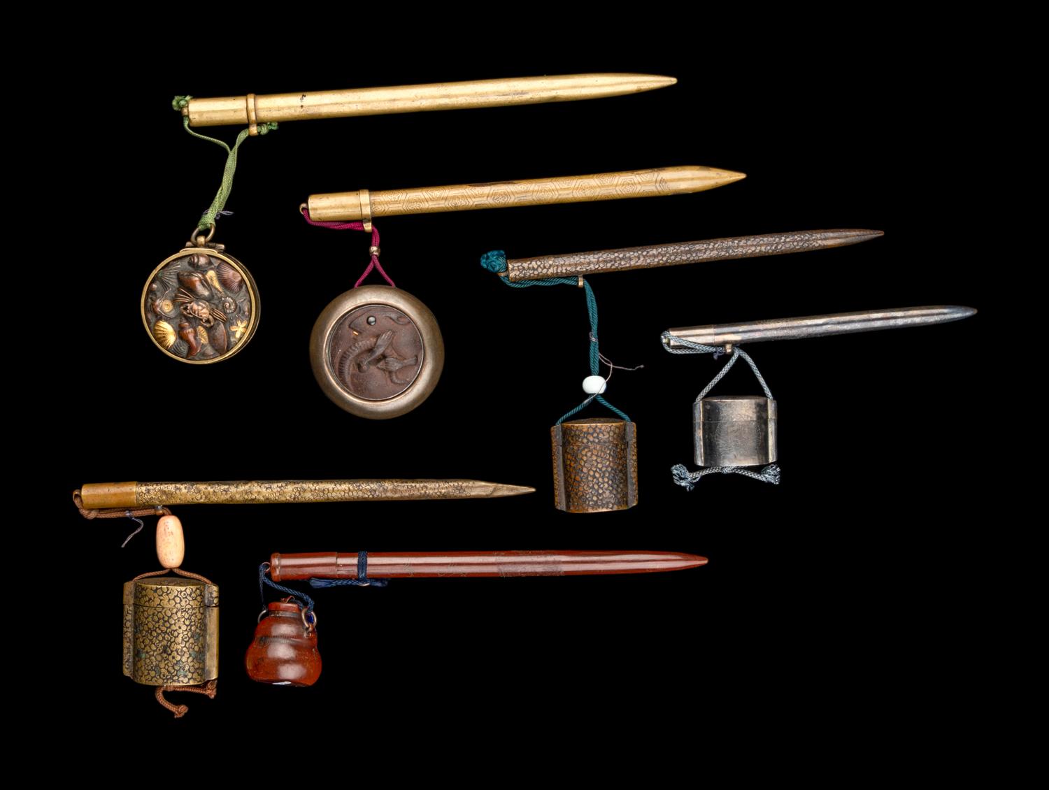 Six Japanese Pen-form Metal Portable Writing Sets, Yatate