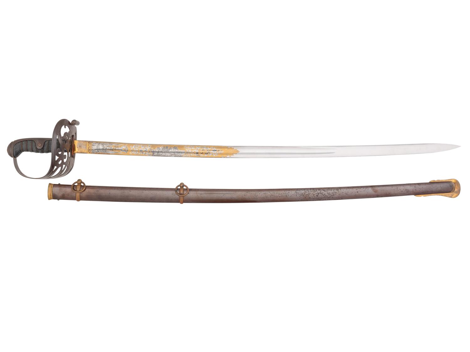 [CIVIL WAR]. Non-regulation Civil War Staff & Field officer's import sword "Peterson 75," based on the British 1854 pattern, with blade emblazoned with the Oregon Territorial Seal.