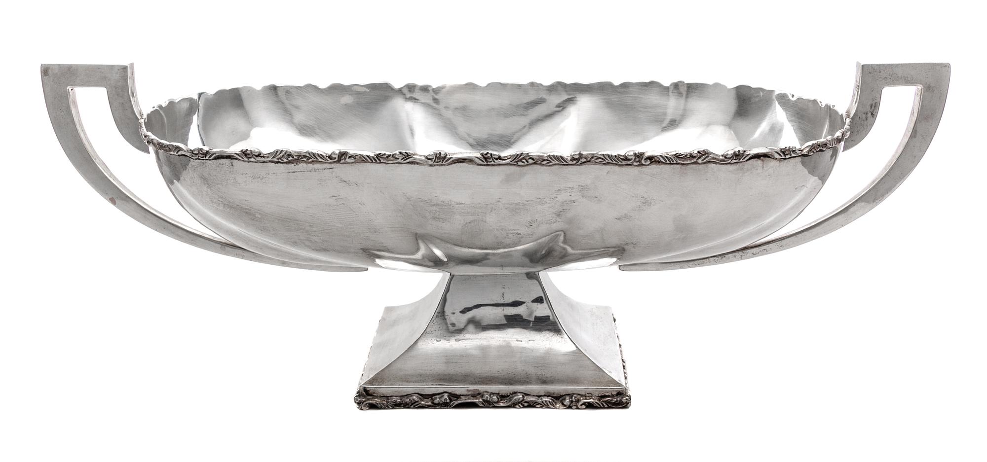 A Mexican Silver Center Bowl, Plata Villa, Mexico City, 20th Century, the twin-handled body of elongated oval form, raised on a taperin