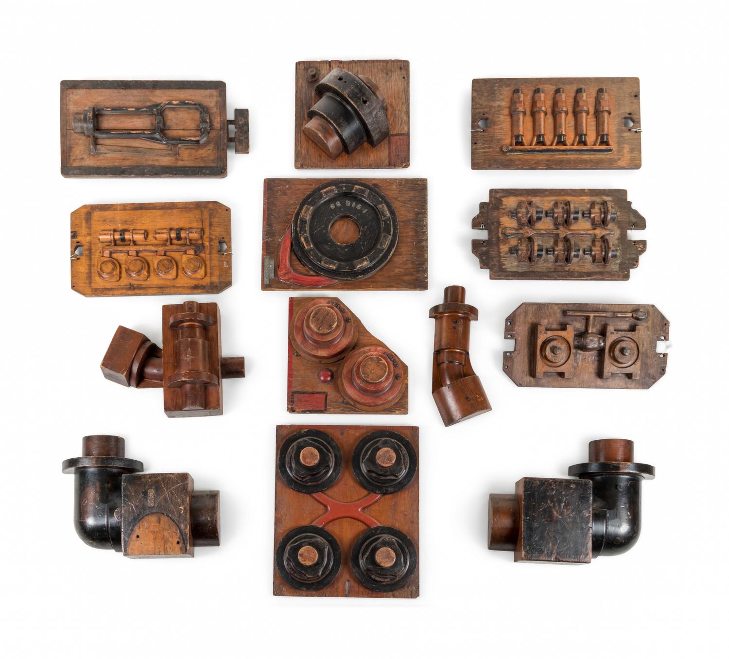 Twelve Carved Wood Machine Part Models