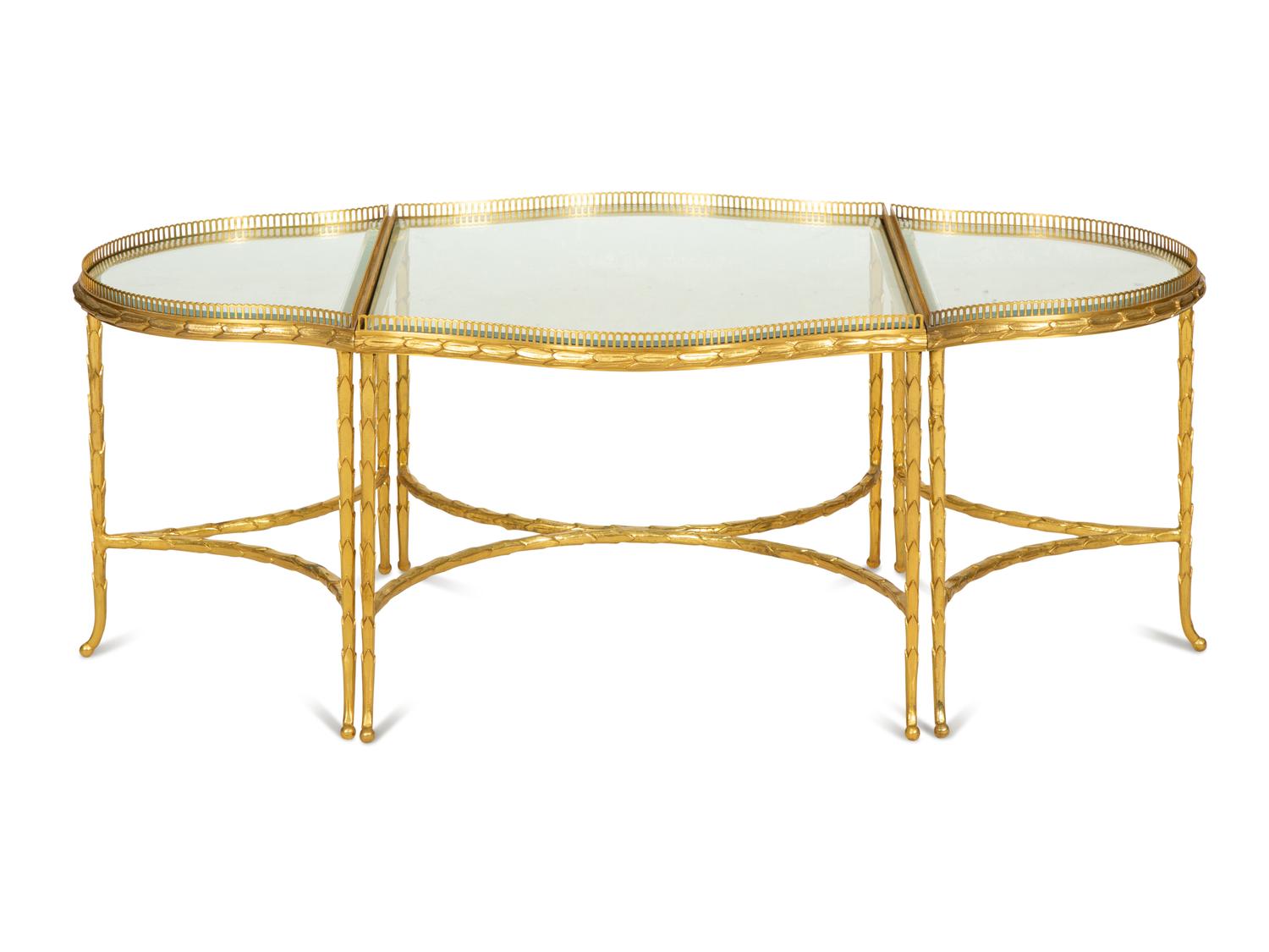 A French Three-Part Gilt Metal and Glass Coffee Table