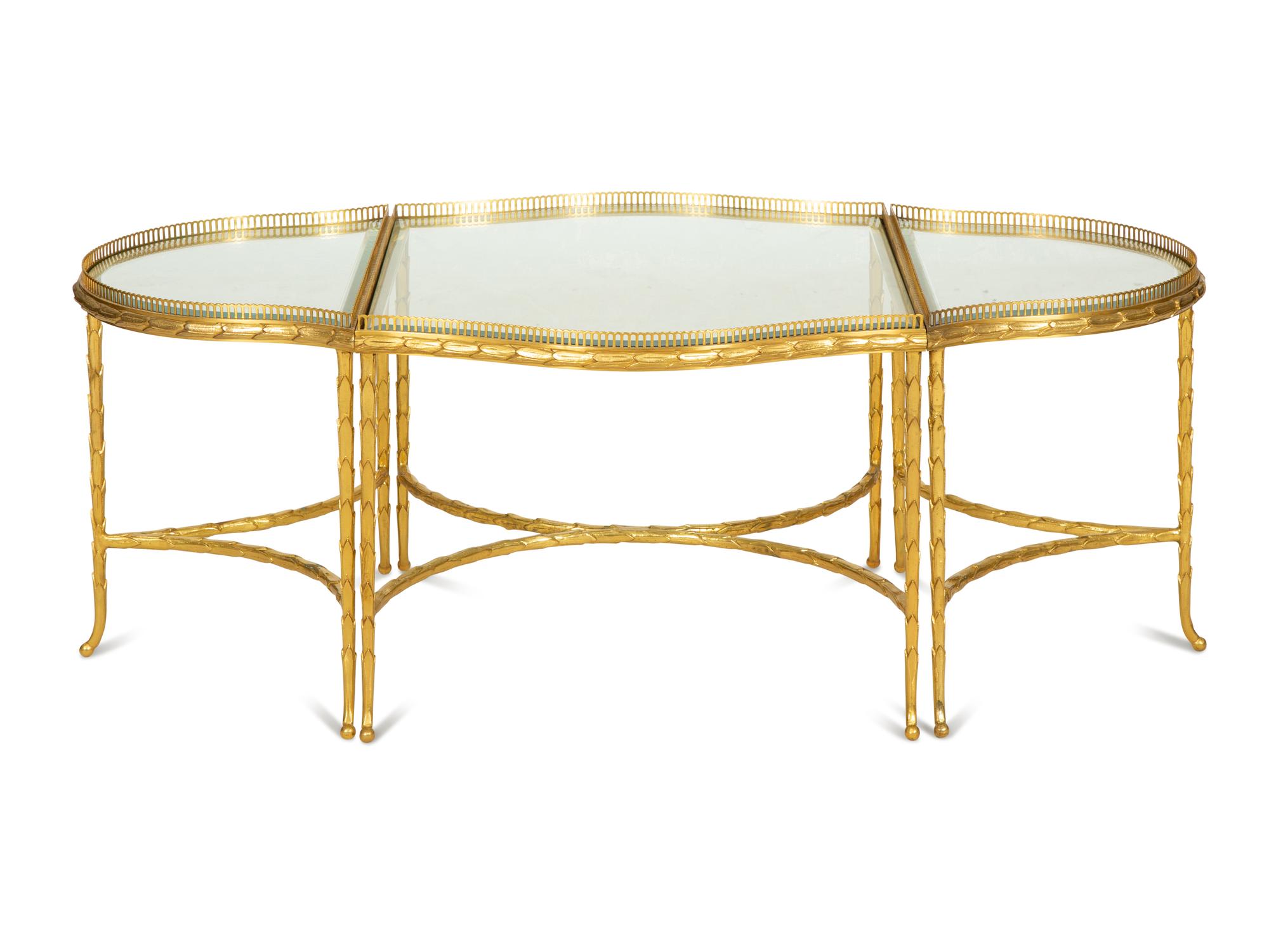 A French Three-Part Gilt Metal and Glass Coffee Table