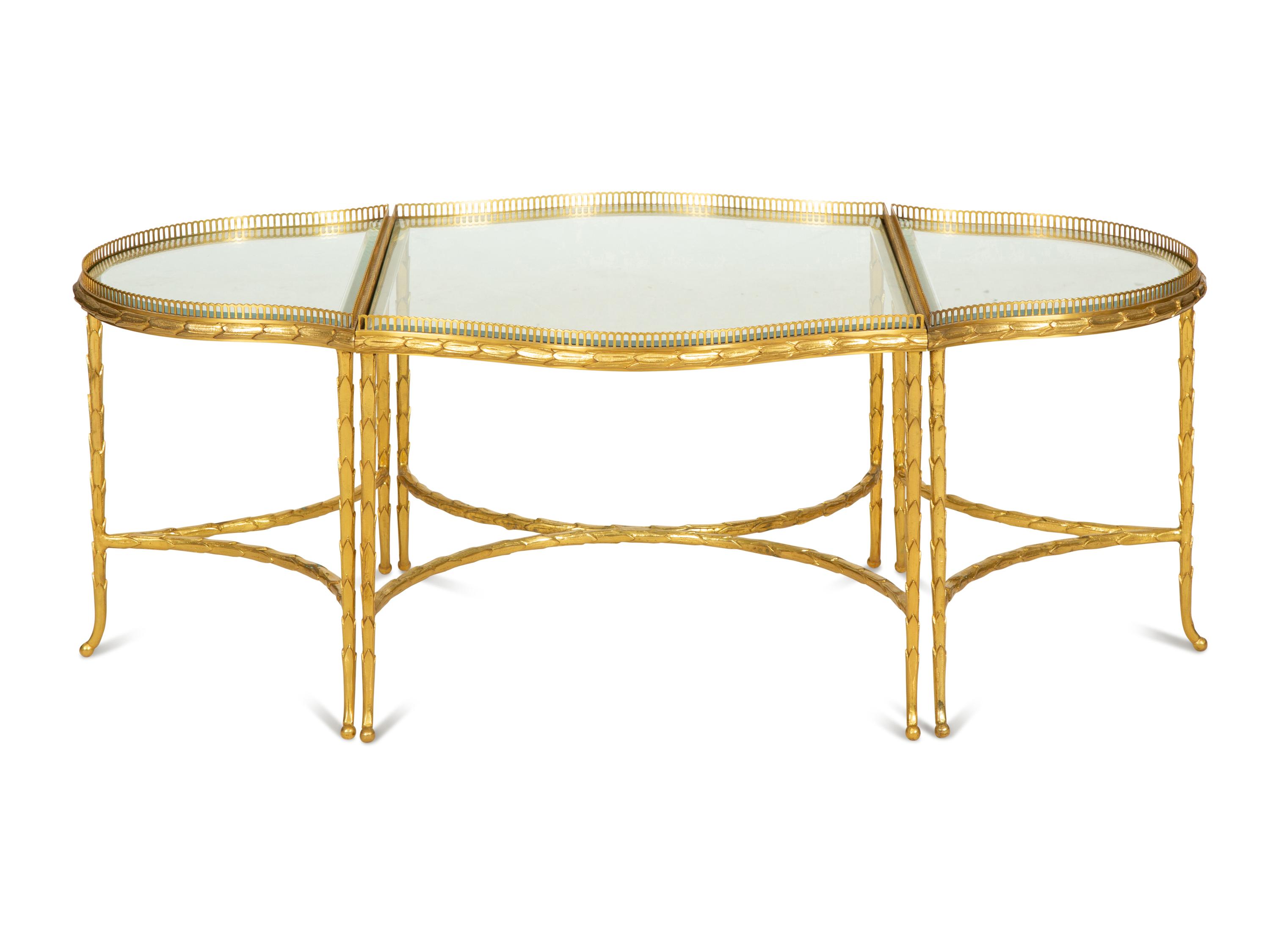 A French Three-Part Gilt Metal and Glass Coffee Table