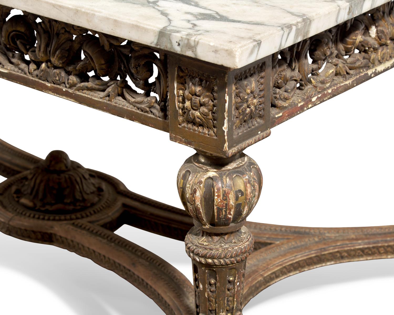 A Louis XVI Style Carved and Giltwood Center Table with Breccia Capraia Marble Top