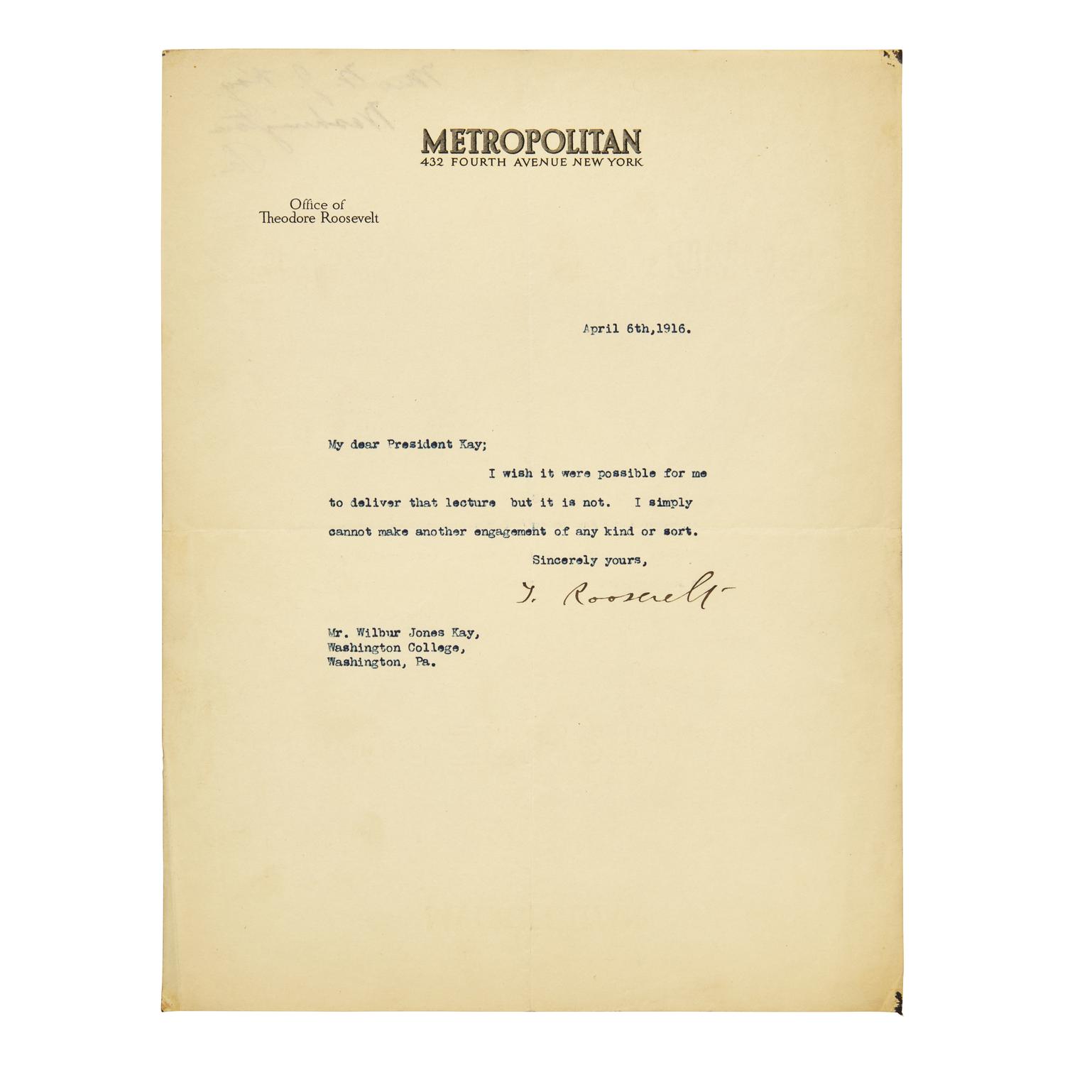 [Presidential] Roosevelt, Theodore. Typed Letter, signed