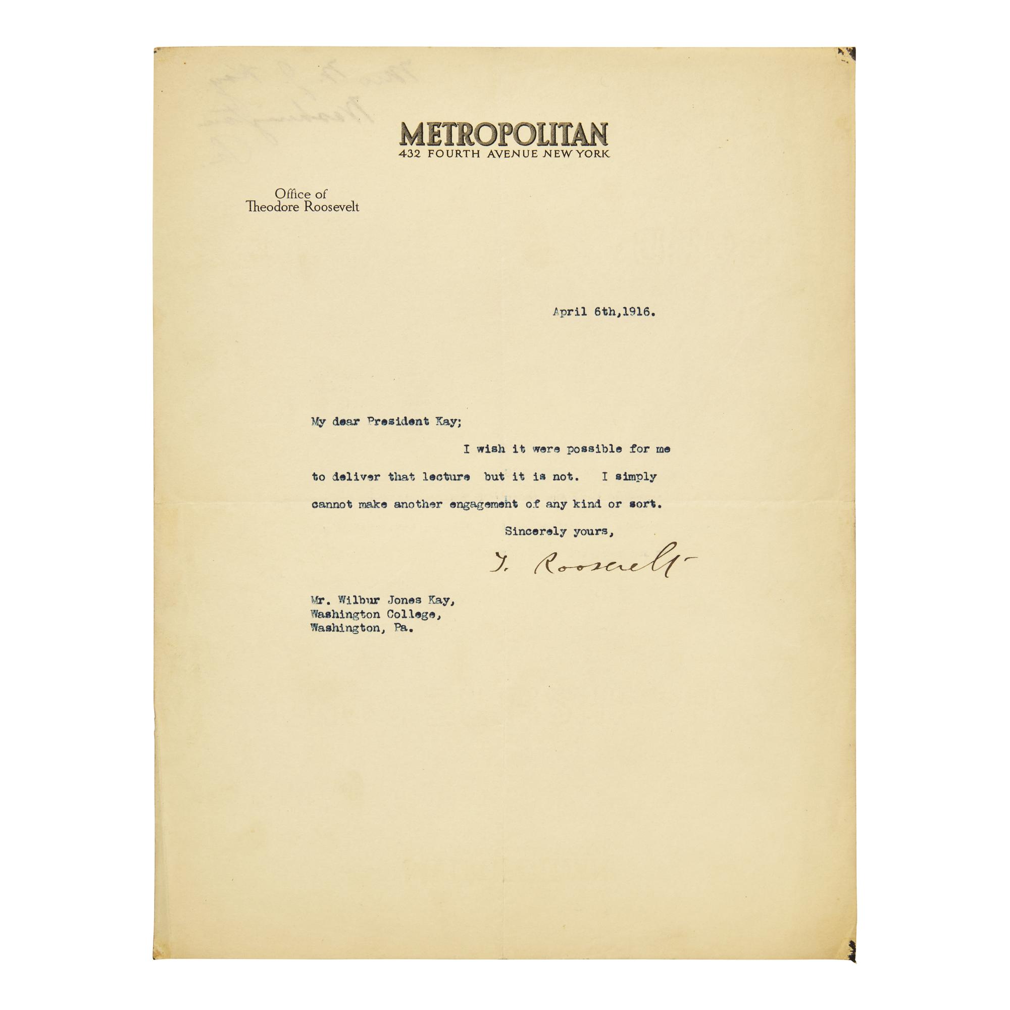 [Presidential] Roosevelt, Theodore. Typed Letter, signed