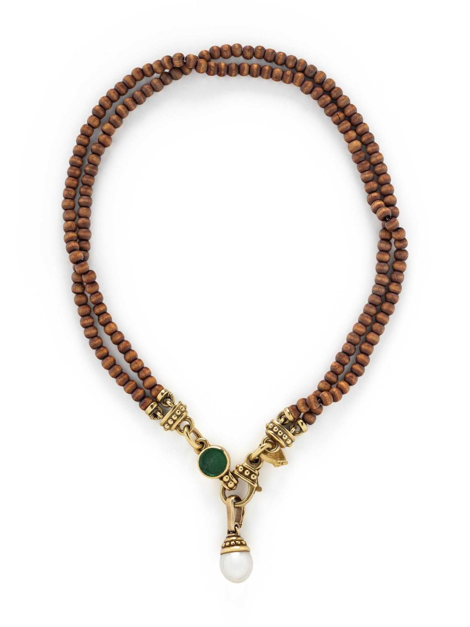 WOOD BEAD, CULTURED, PEARL, AND YELLOW GOLD NECKLACE