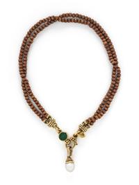 WOOD BEAD, CULTURED, PEARL, AND YELLOW GOLD NECKLACE