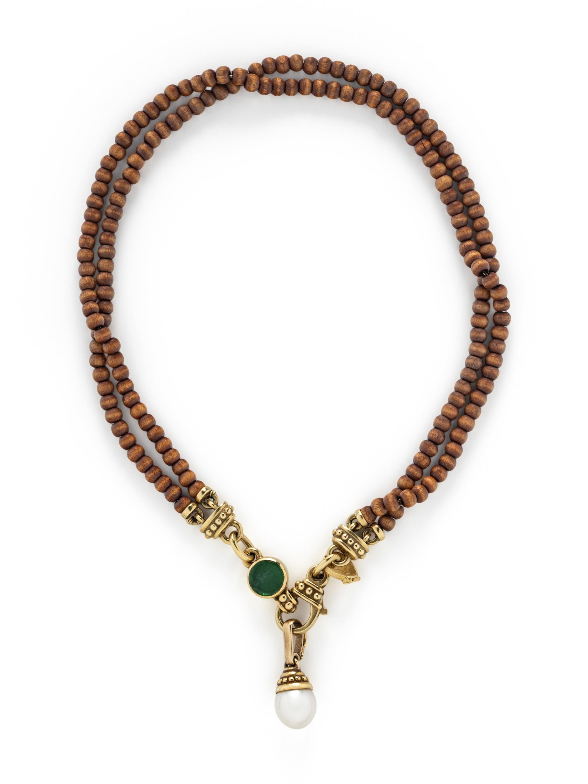 WOOD BEAD, CULTURED, PEARL, AND YELLOW GOLD NECKLACE