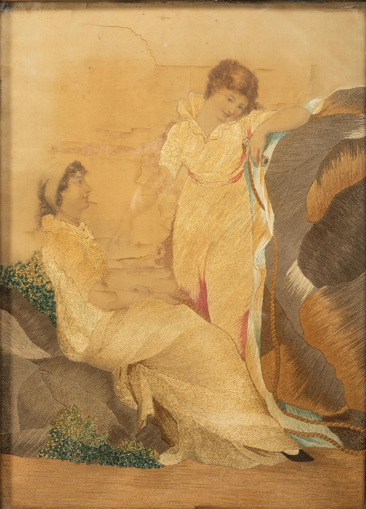 A Pair of Figural Goldwork Embroidered Pictures of Girls with a Jump Rope