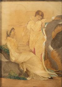 A Pair of Figural Goldwork Embroidered Pictures of Girls with a Jump Rope