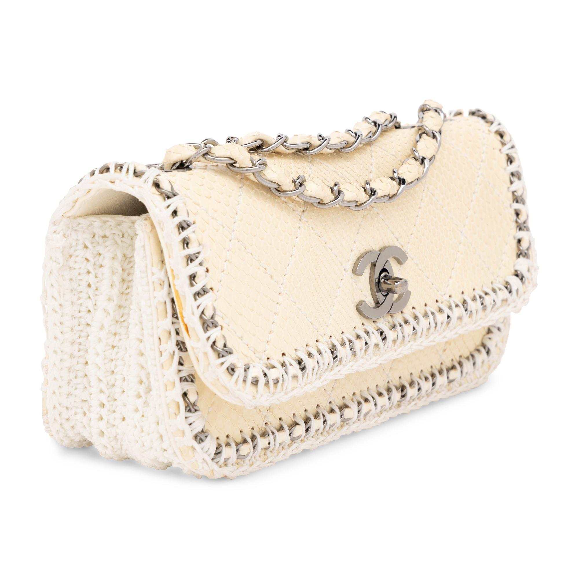 Chanel, Cream Python Flap Bag with Crocheted Trim