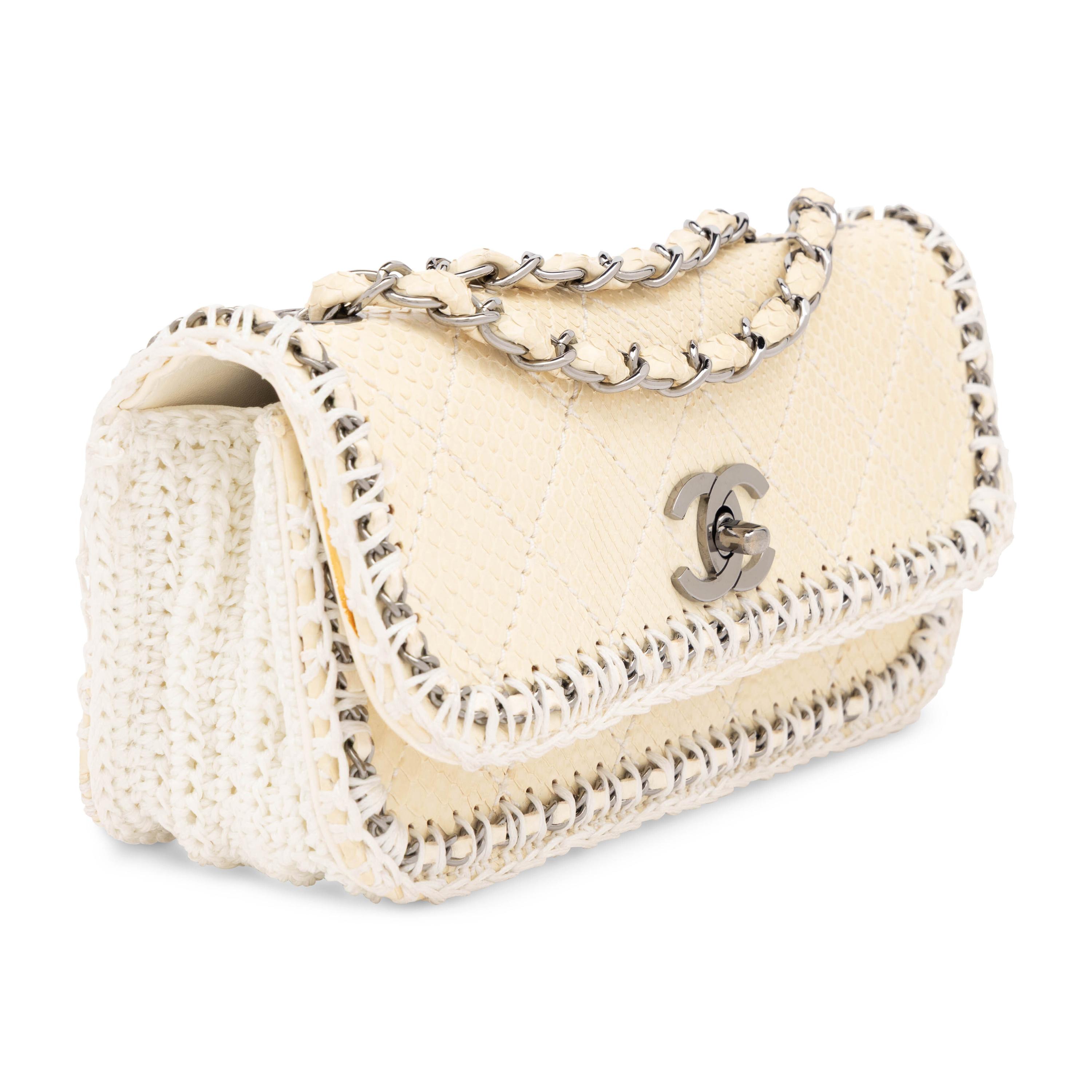 Chanel, Cream Python Flap Bag with Crocheted Trim