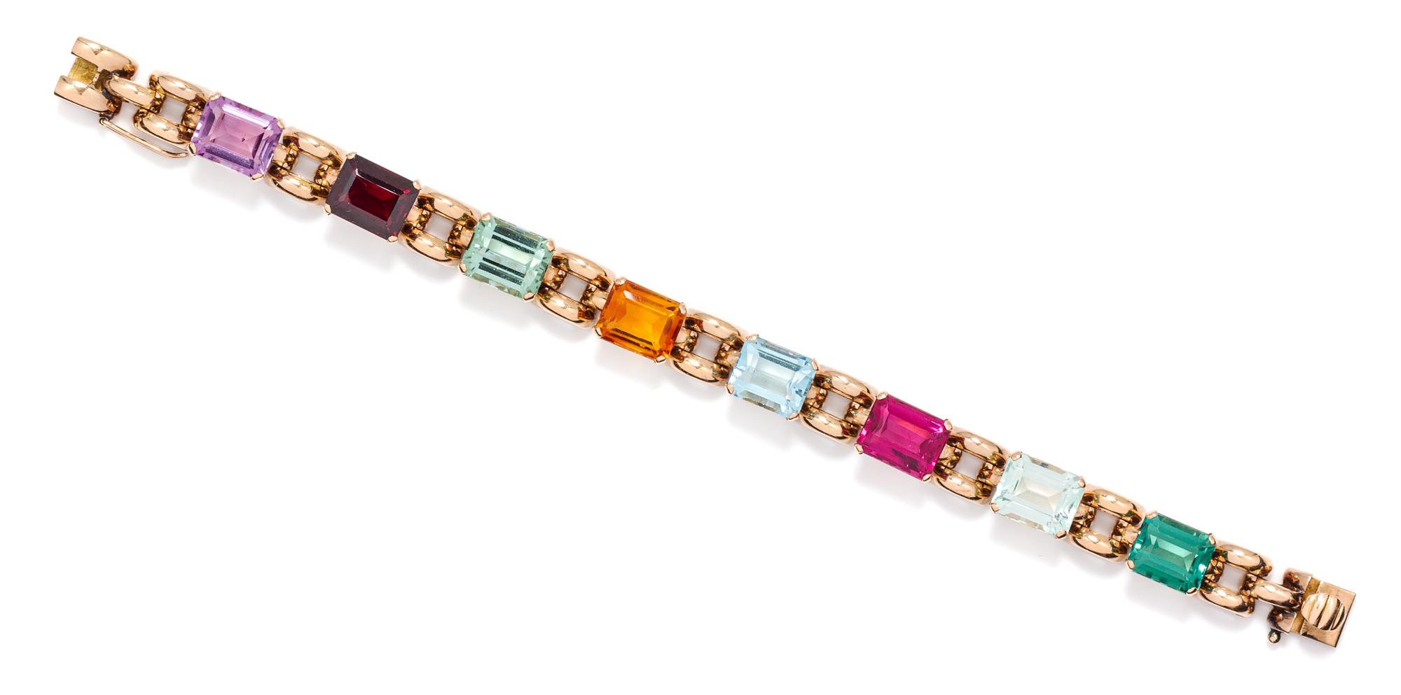 A Retro Rose Gold and Multi Gem Bracelet, 18.10 dwts.