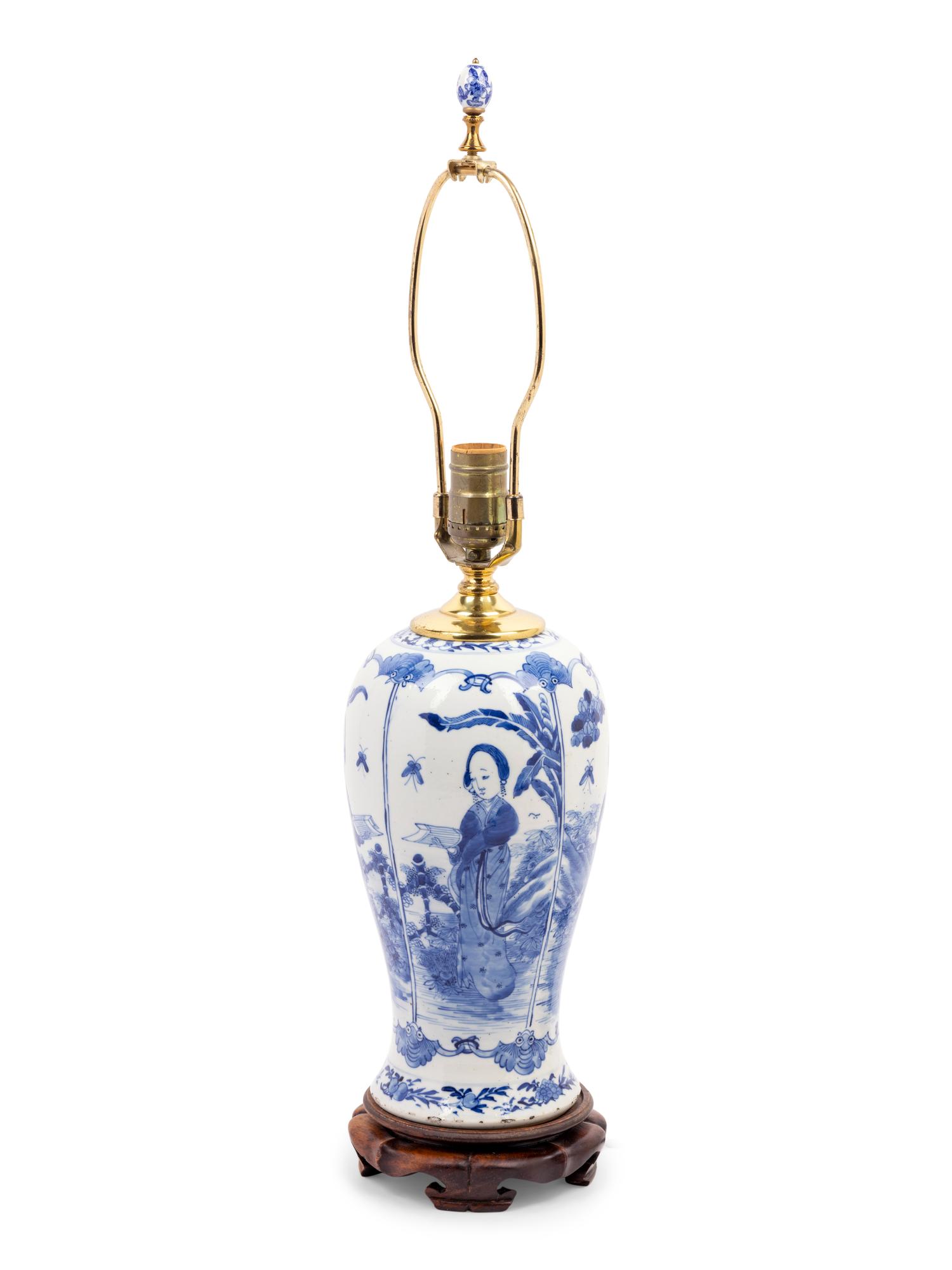 A Chinese Blue and White Porcelain Baluster Vase Mounted as a Lamp