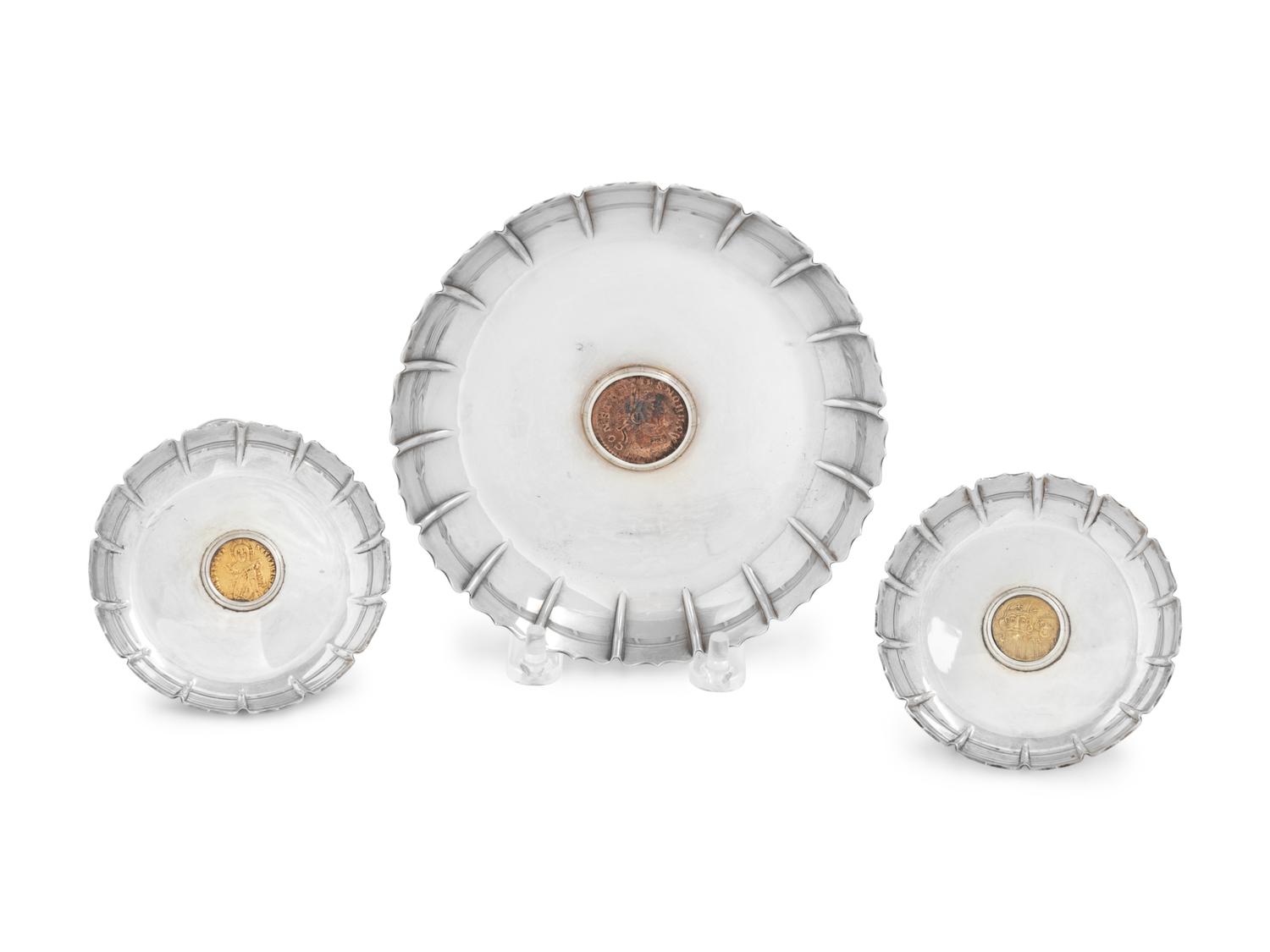 Three Bulgari Silver and Ancient Coin-Inset Dishes