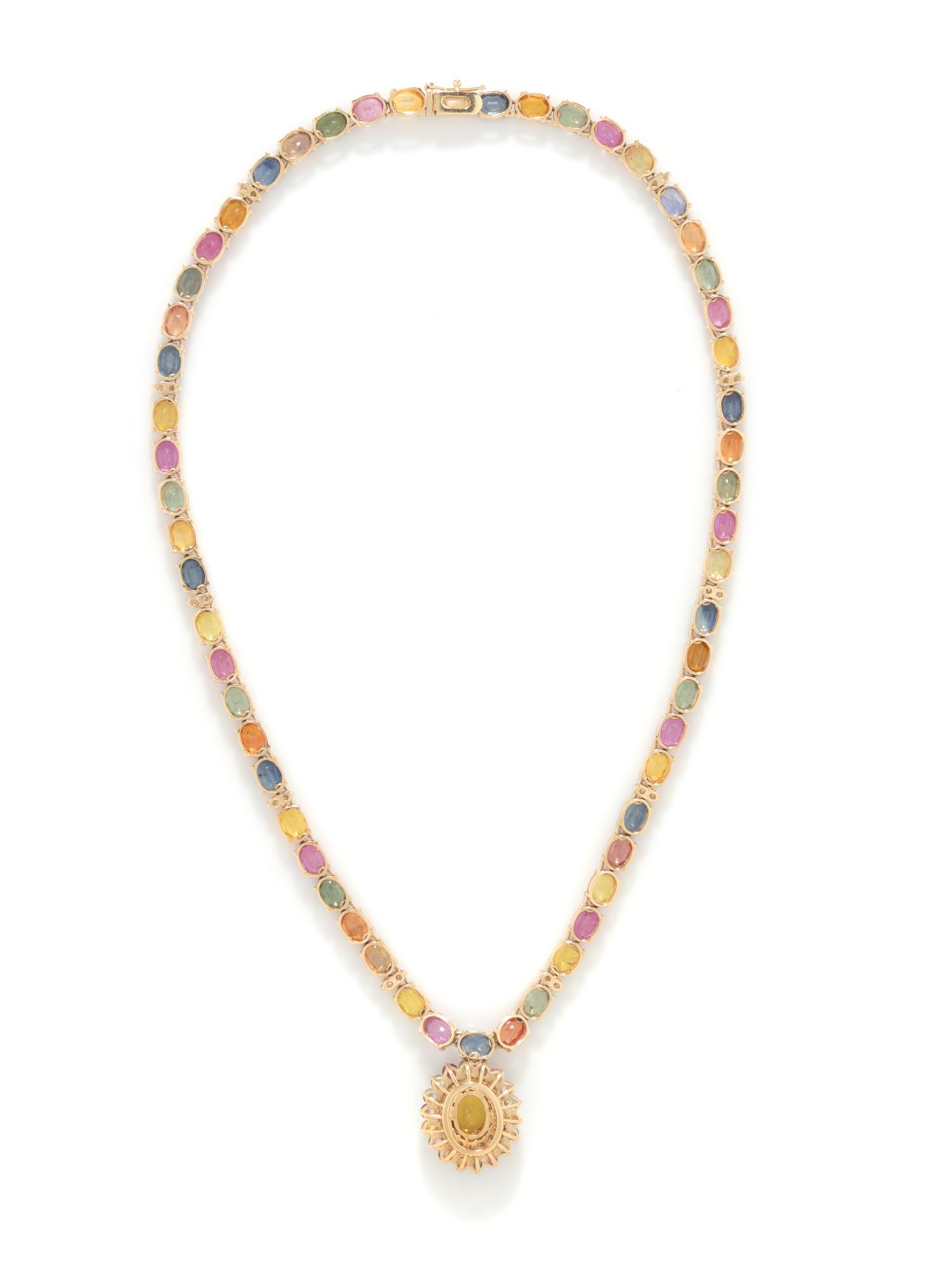 MULTICOLORED SAPPHIRE, DIAMOND, AND YELLOW GOLD PENDANT NECKLACE
