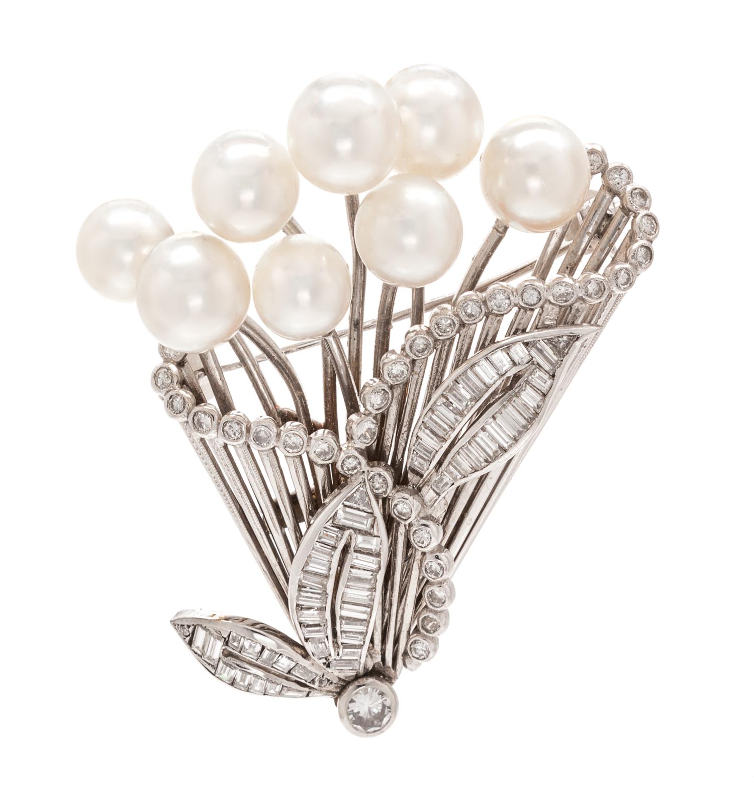 A Platinum, 14 Karat White Gold, Cultured Pearl and Diamond Brooch, Mikimoto, Circa 1950, 16.60 dwts.