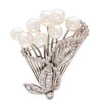 A Platinum, 14 Karat White Gold, Cultured Pearl and Diamond Brooch, Mikimoto, Circa 1950, 16.60 dwts.