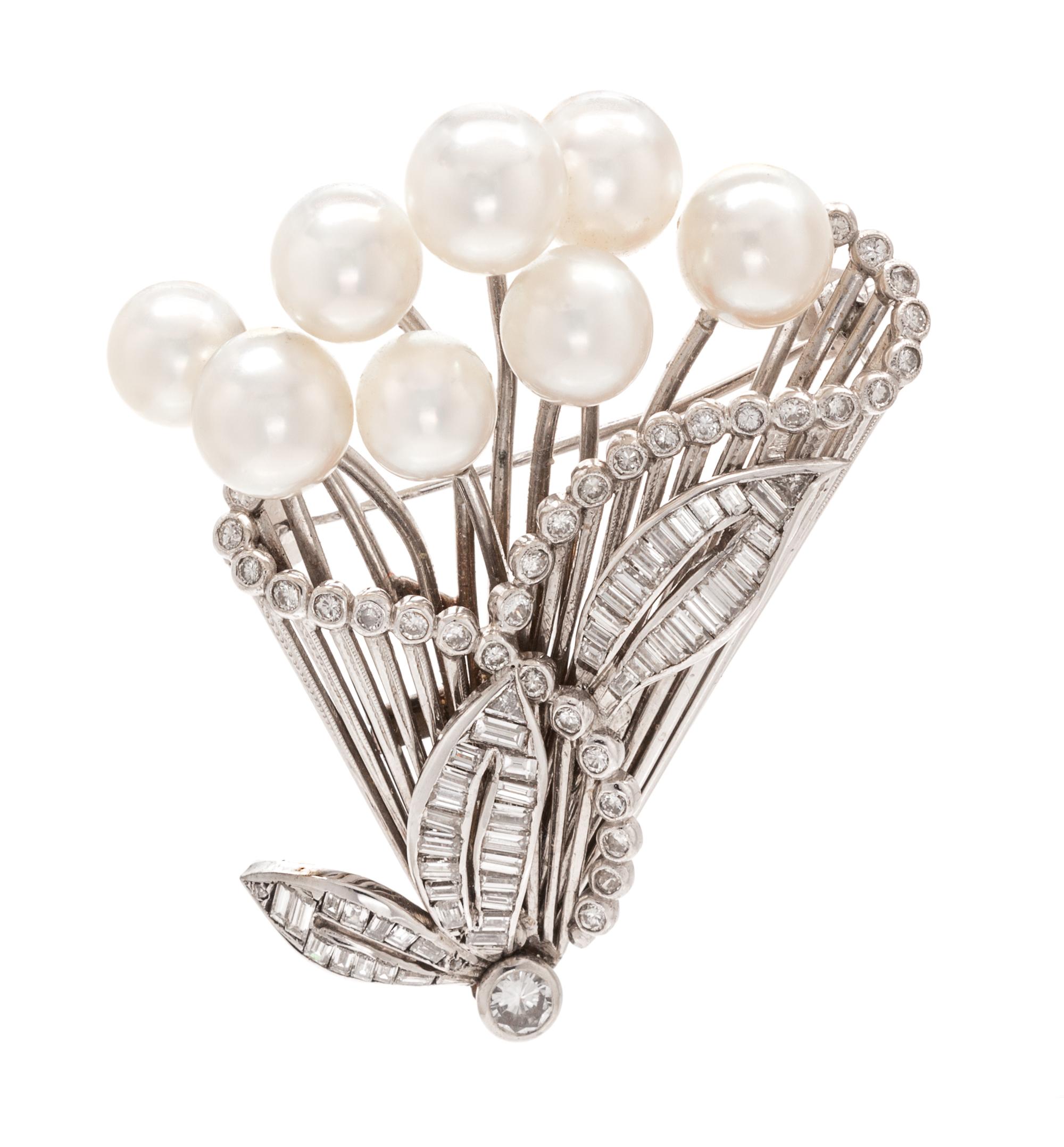 A Platinum, 14 Karat White Gold, Cultured Pearl and Diamond Brooch, Mikimoto, Circa 1950, 16.60 dwts.