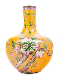 Three Large Chinese Yellow Ground Cloisonné Enamel Vases, Tianqiuping