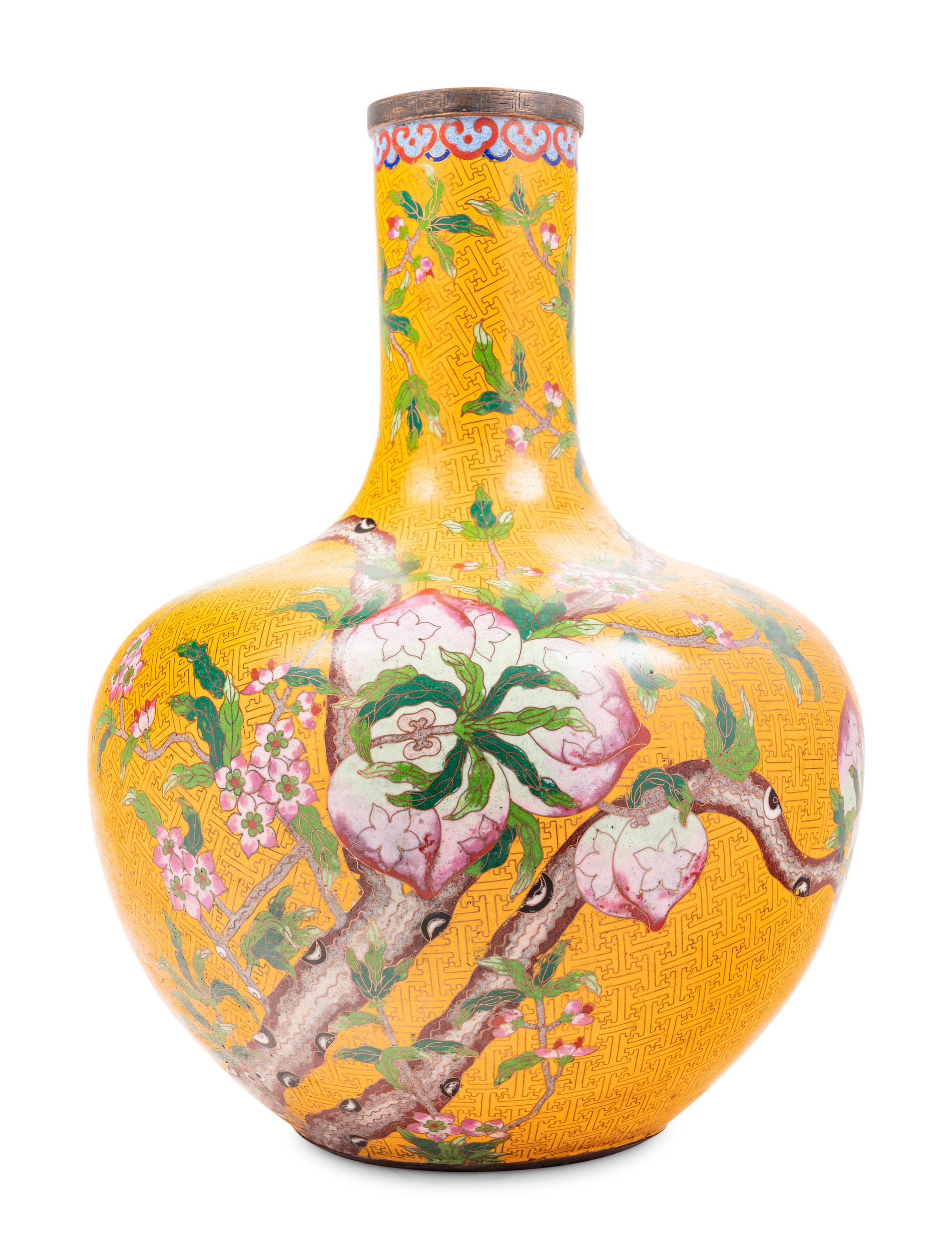 Three Large Chinese Yellow Ground Cloisonné Enamel Vases, Tianqiuping