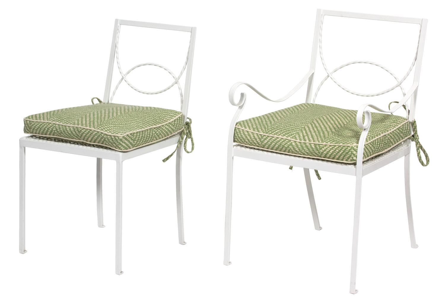 A Group of White Painted Iron Garden Furniture Dining table height 29 x length 60 x width 32 inches. — 20TH CENTURY