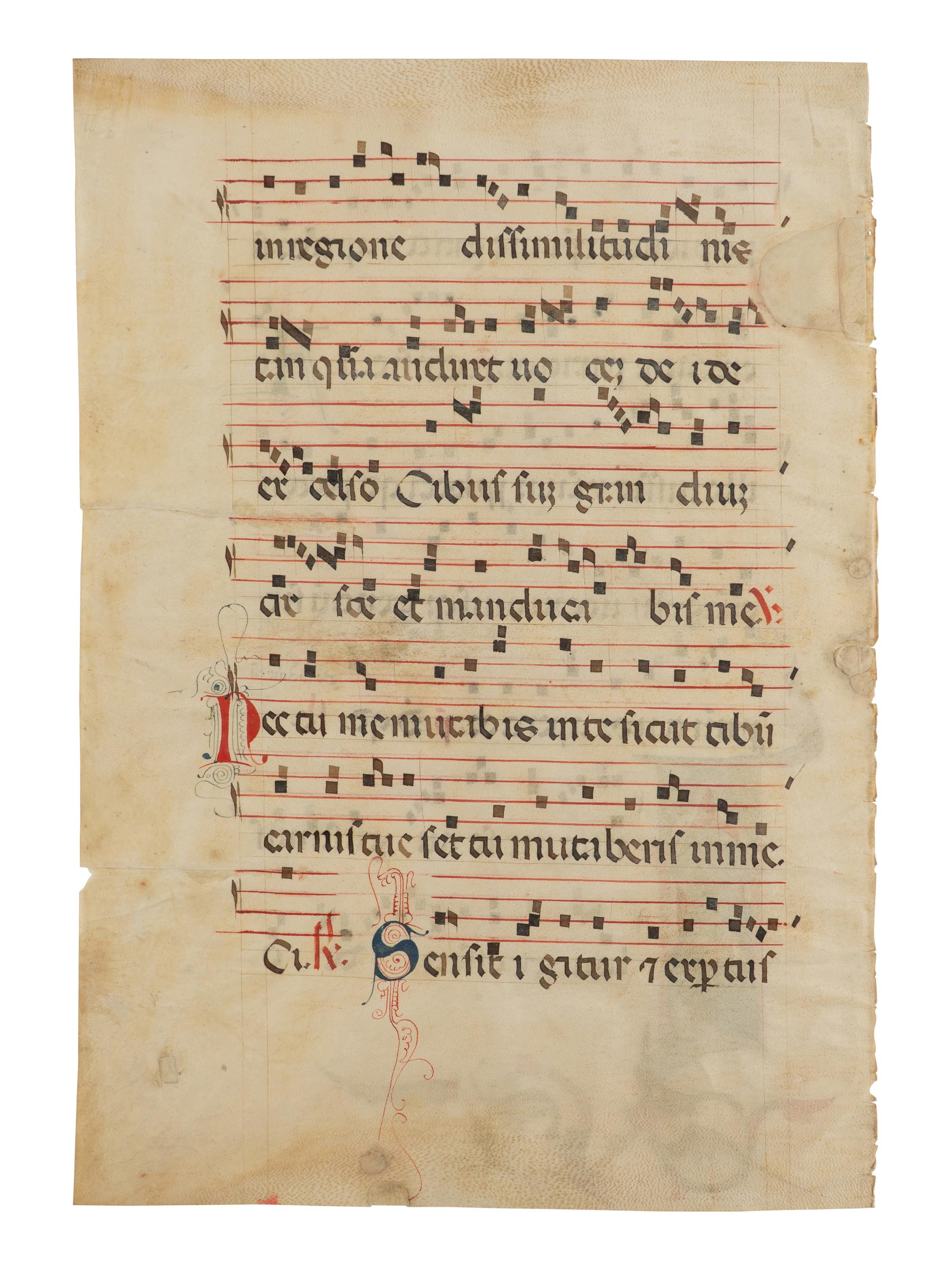 EMILIA ILLUMINATOR Leaf from an Antiphonary with a historiated initial ‘I’ depicting St. Augustine beneath a gothic canopy, in Latin, illuminated manuscript on parchment [Italy, Emilia-Romagna, c. 1300–1325]