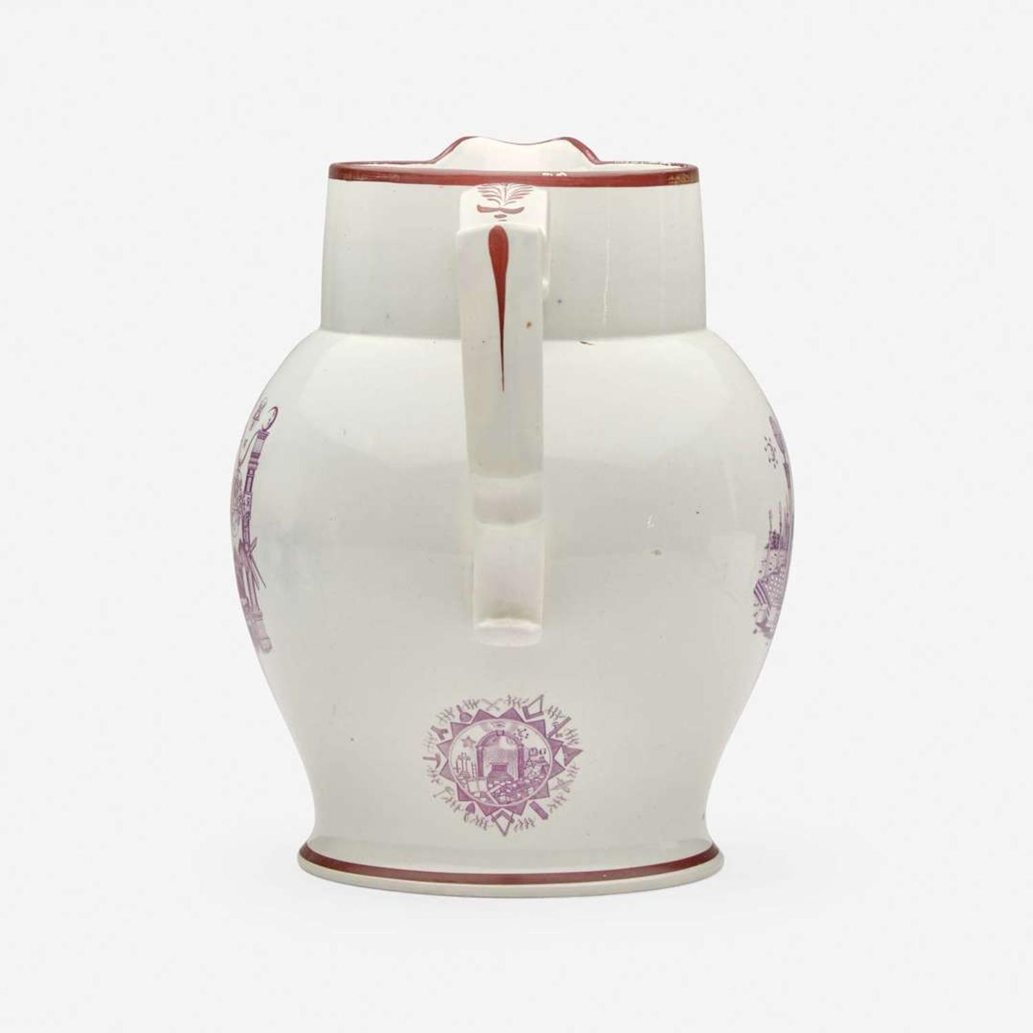A Staffordshire enamel and transfer-decorated pearlware jug in mulberry England, dated "1804"