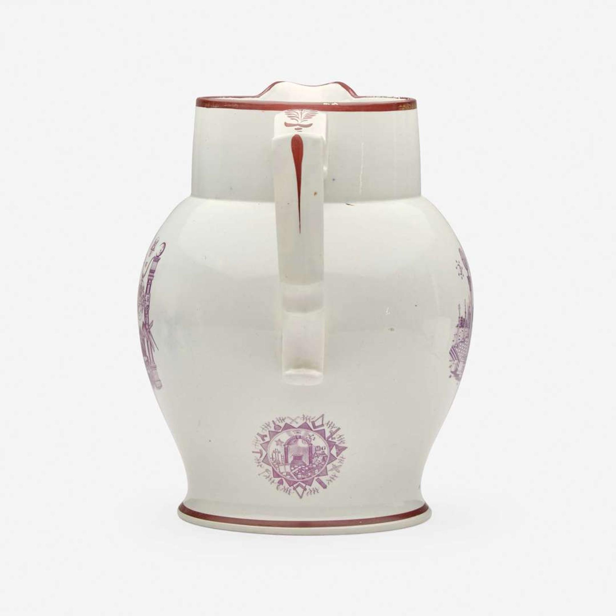 A Staffordshire enamel and transfer-decorated pearlware jug in mulberry England, dated "1804"