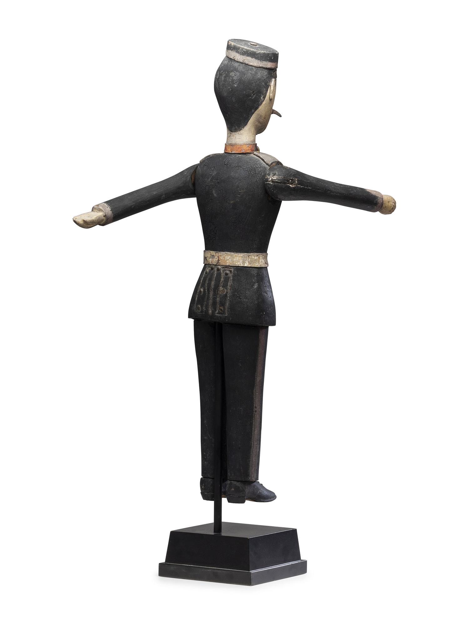A Carved and Painted Wood Marching Band Cymbal Player Whirligig
