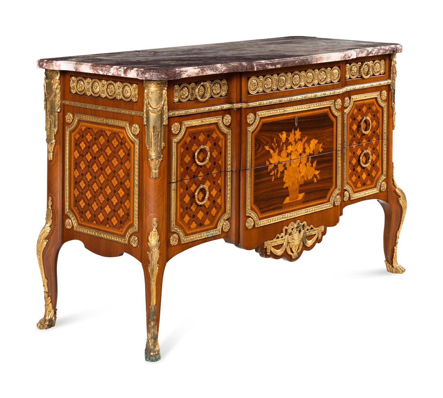 A Louis XVI Style Marquetry Marble-Top Commode