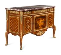 A Louis XVI Style Marquetry Marble-Top Commode
