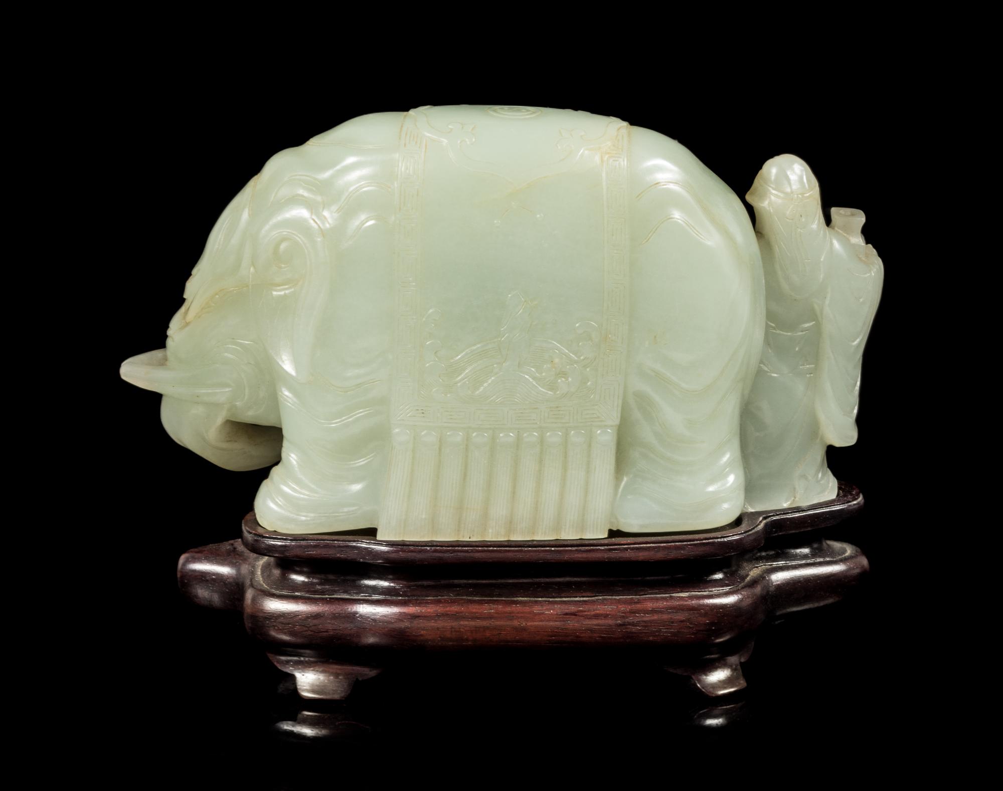 A Celadon Jade Figural Group of an Elephant and an Immortal Length 5 3/4 inches. — QIANLONG PERIOD (1735-1796)